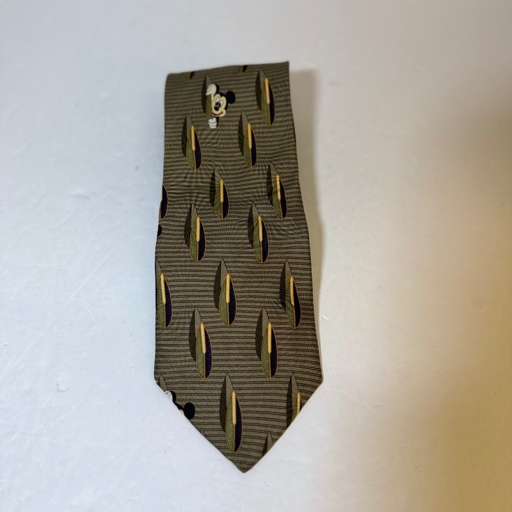 Walt Disney World Mickey Mouse Silk Tie Mens Olive Green Abstract Surfboard